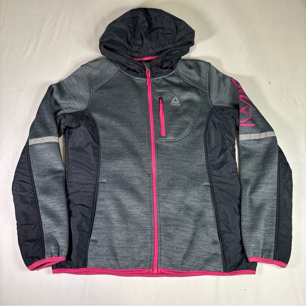 REEBOK Women’s M Full Zip Hoodie Running Jacket Pink Trim Grey. Pre-Owned.